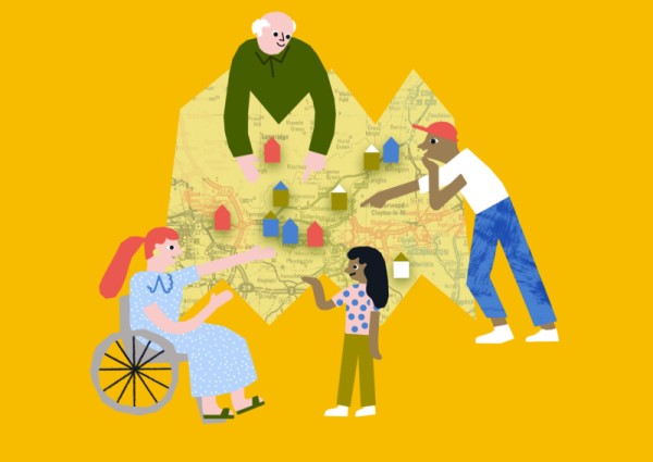 Illustration of four people interacting with a map