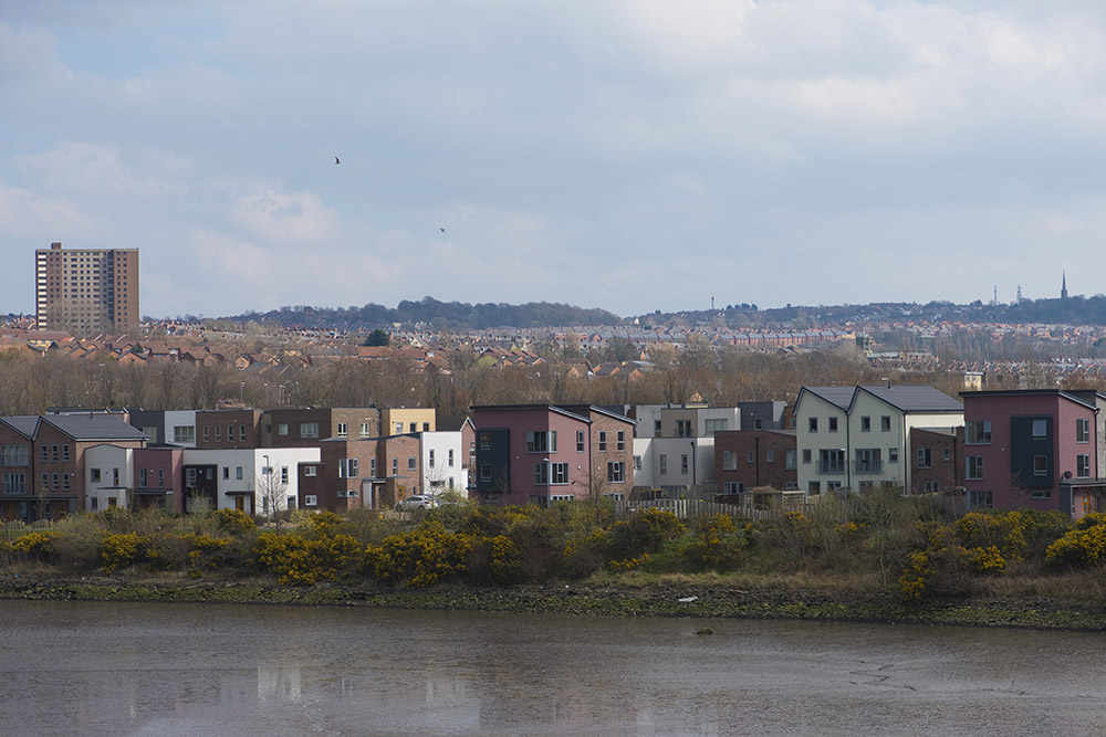 An image of a river with green land on the bank and a rows of houses behind it.