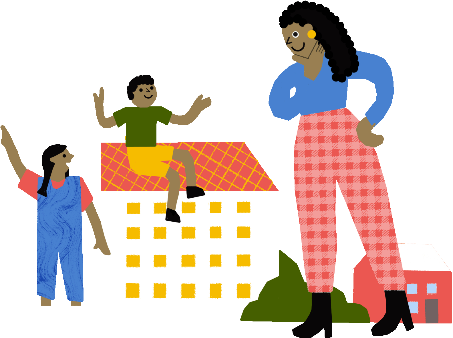 Illustration of a woman standing next to two buildings, with a child sat on top of one building and another child stood next to it