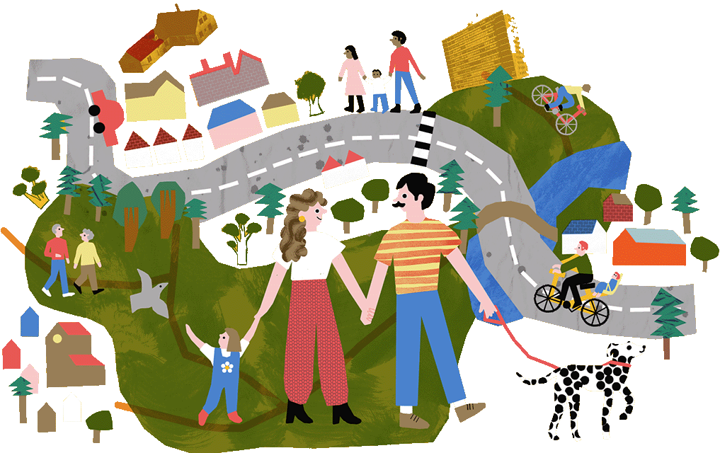Illustration of a road with groups of people walking and cycling around it