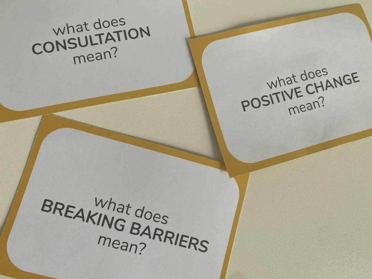 Image of postcards which were handed out at the event with words commonly used in consultation