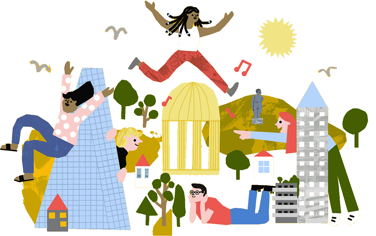 Illustration of people playing round buildings and trees